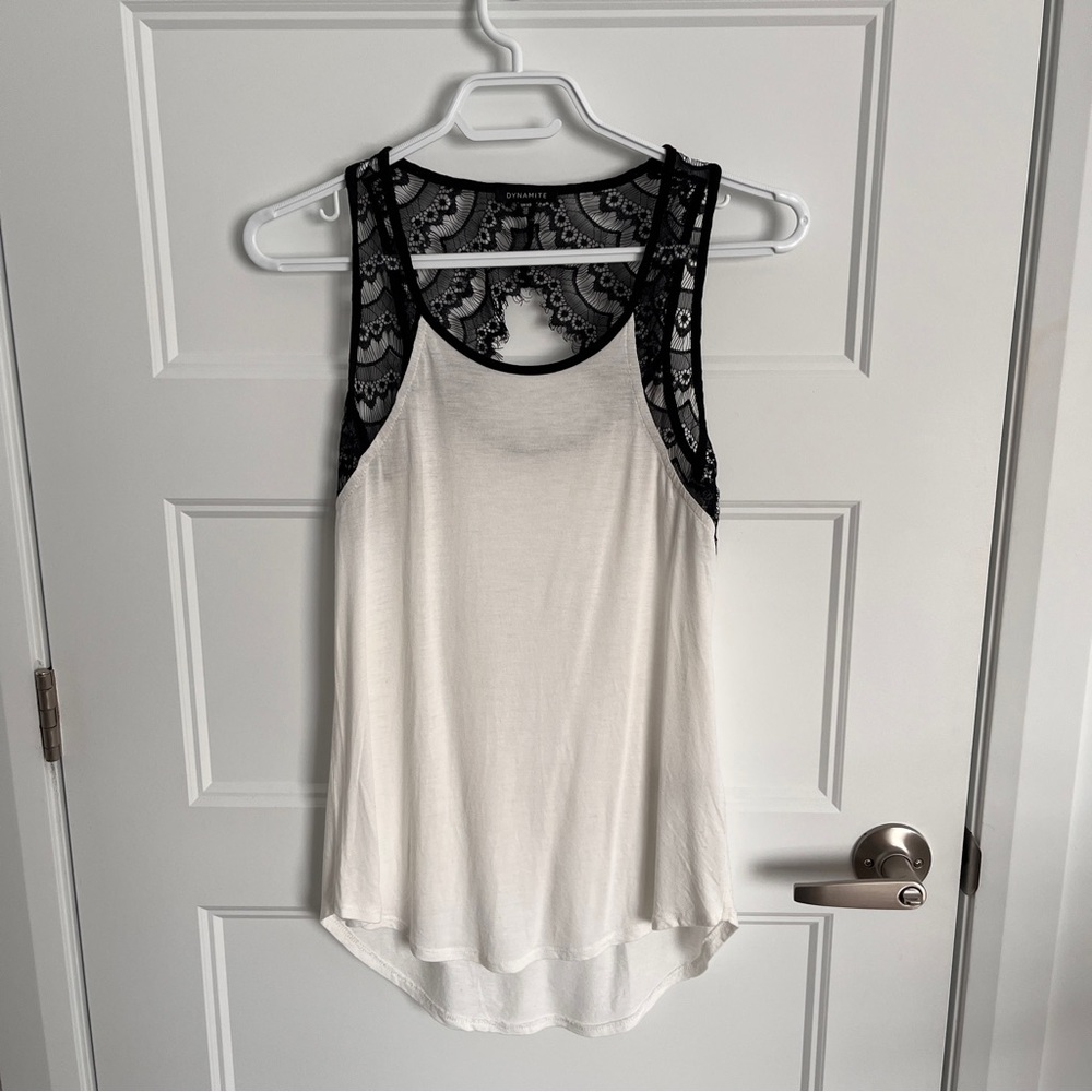 Dynamite White Tank Top with Black Lace Trim